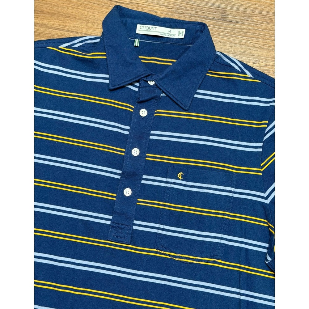 Criquet Striped Performance Players Polo Organic Cotton Navy Blue Yellow Sz M